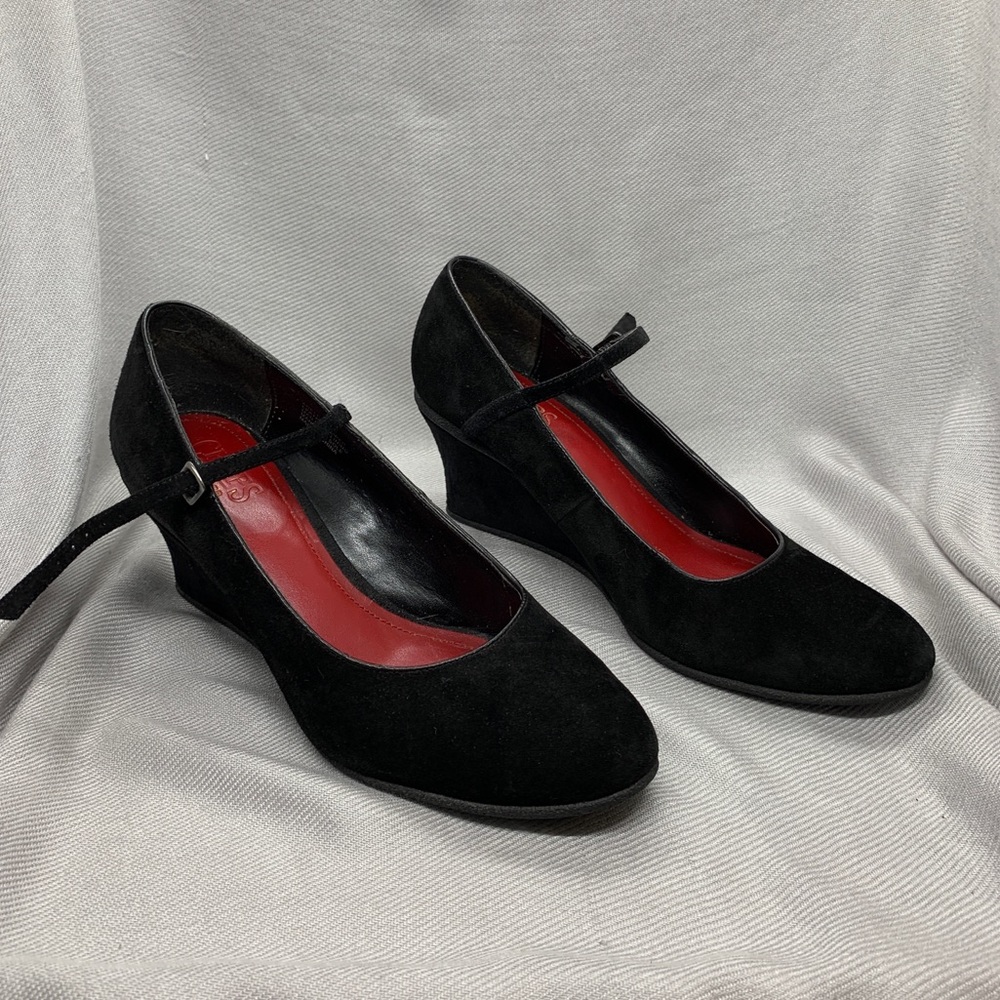 Chaps black suede Mary Jane wedges
